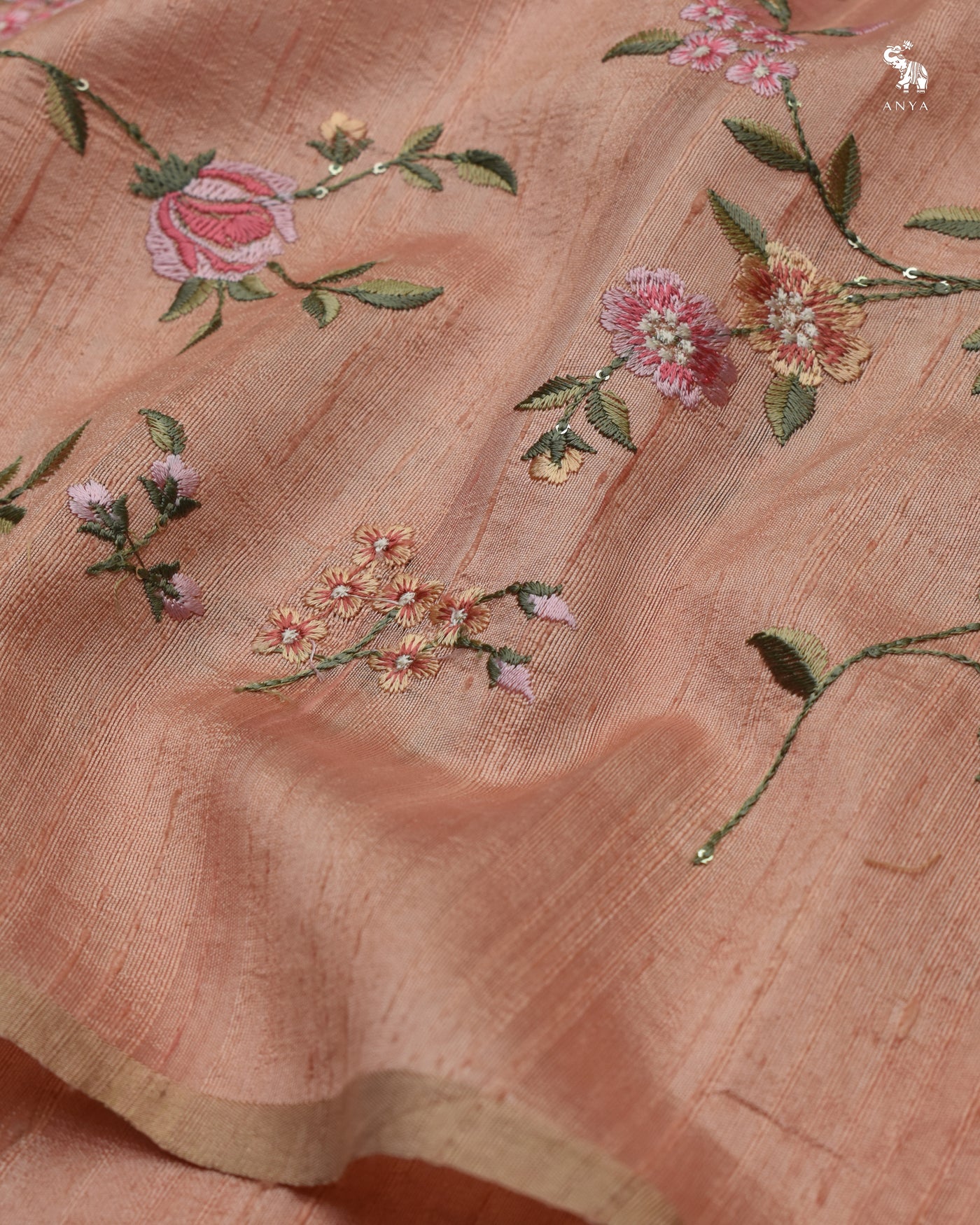 Peach Tussar Raw Silk Fabric with Floral Creeper Embroidery Design