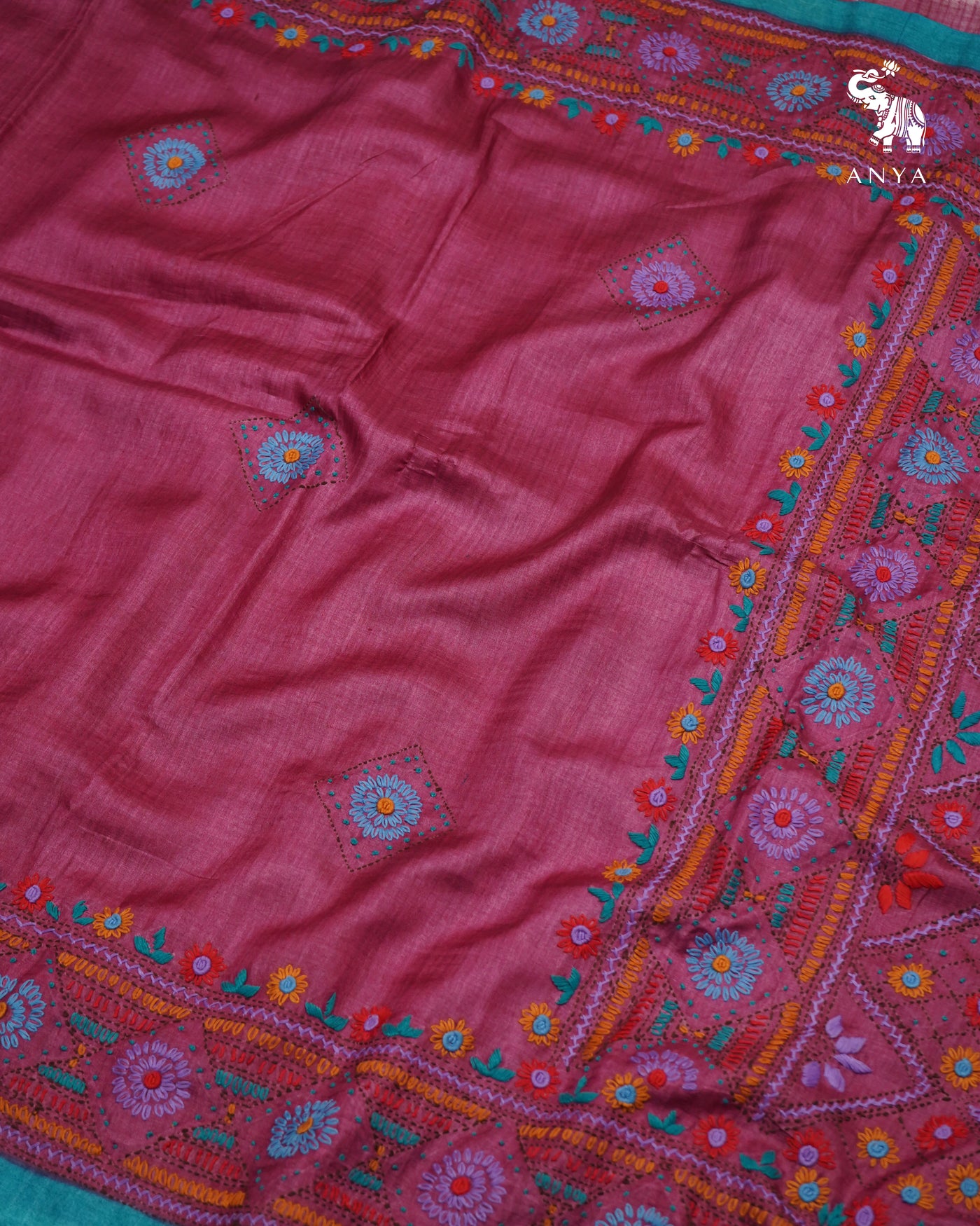 Rani Pink Tussar Silk Saree with Embroidery Design