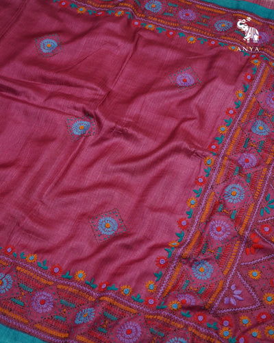Rani Pink Tussar Silk Saree with Embroidery Design