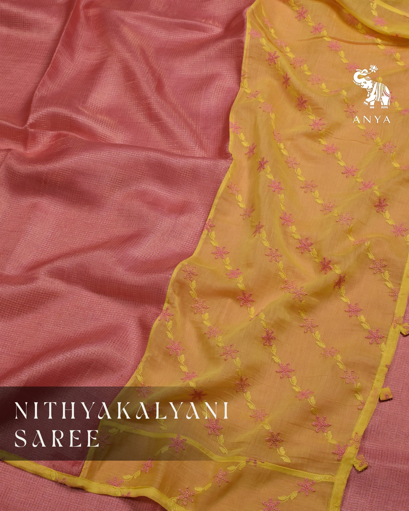 Pink Zari Checks Tussar Silk Saree with Yellow Embroidery Pallu and Blouse