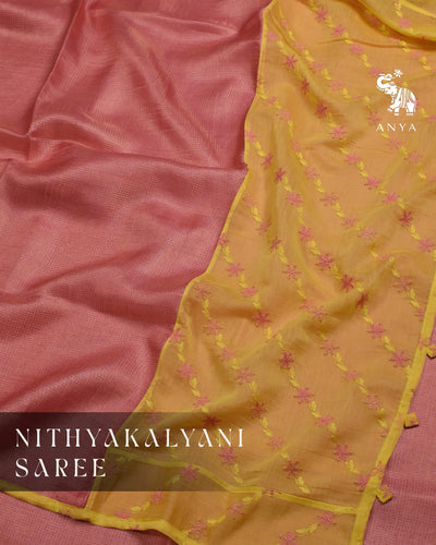 Pink Zari Checks Tussar Silk Saree with Yellow Embroidery Pallu and Blouse