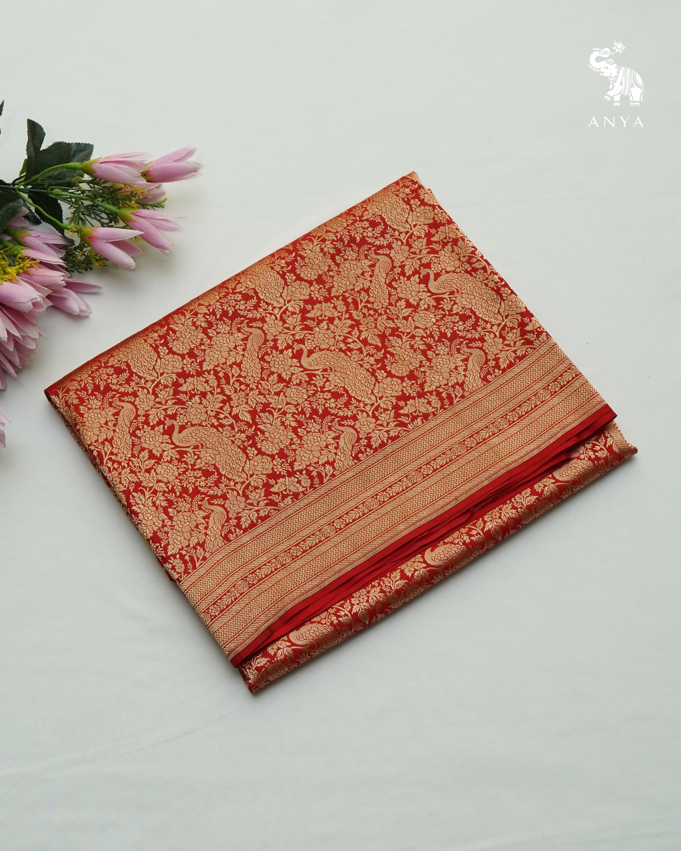 Red Banarasi Silk Saree with Peacock Zari Creeper Design