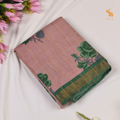 Onion Pink Tussar Silk Saree with Floral Print and Zari Kattam Design