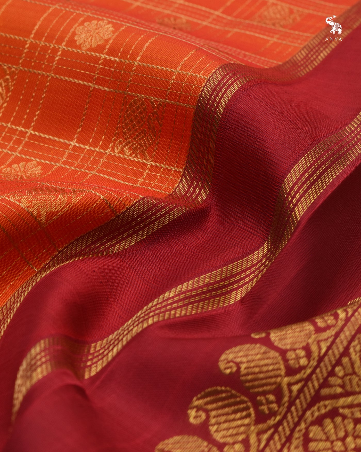 Orange Kanchipuram Silk Saree with Zari Kattam Design