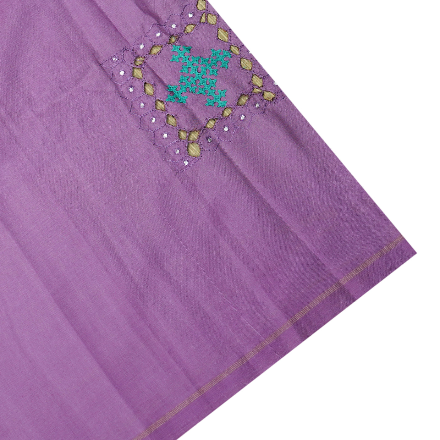 Aqua Green Printed Kanchi Silk Saree with Box Cut and Kutch Work Design