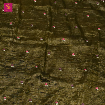 Olive Green Fancy Tissue Saree with Small Flower Embroidery Design