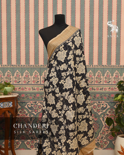 Black Chanderi Saree with Floral Print and Zari Checks Design