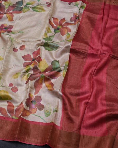 Off White Tussar Silk Saree with Multicolor Floral Design