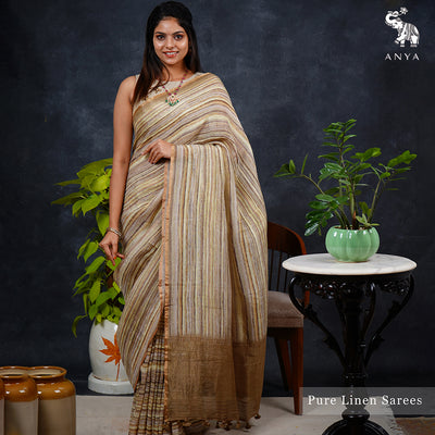 Olive Green Linen Saree with Lines Design