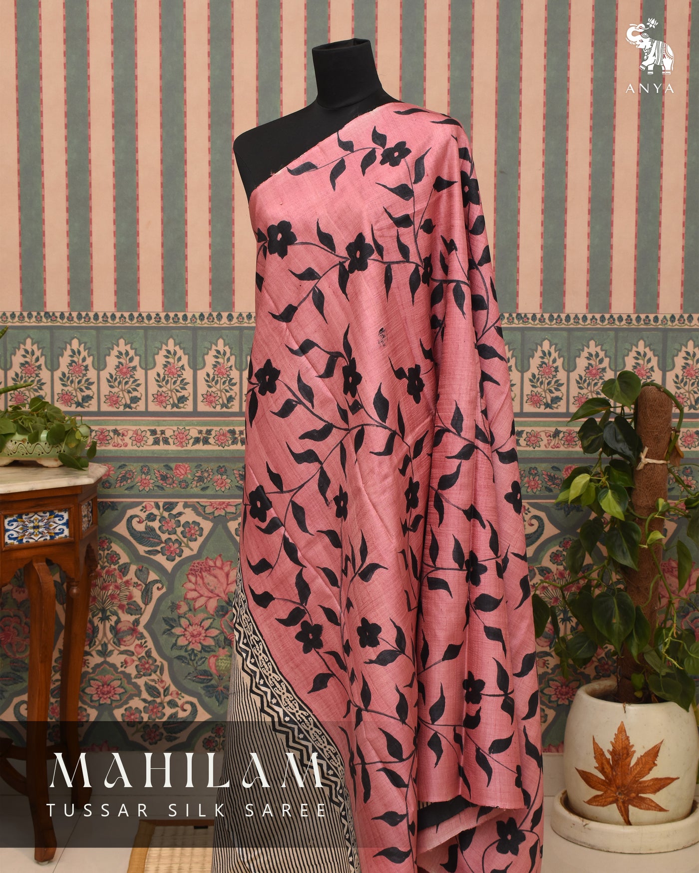 Onion Pink Tussar Silk Saree with Leaf Painted Design