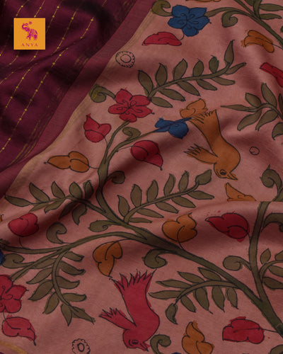 Magenta Pen Kalamkari Silk Saree with Dots and Stripes Design