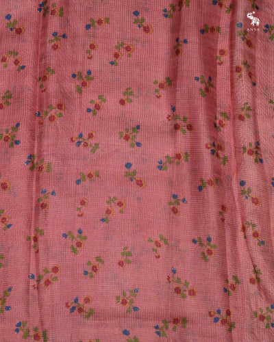 Baby Pink Tusar Silk Fabric with Floral Print and Zari Checks Design