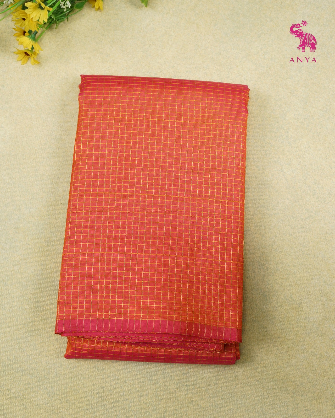 Peach Dual Shade Kanchi Silk Fabric with Zari Checks Design
