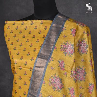 Mustard Tussar Silk Salwar with Mustard Floral Print Dupatta