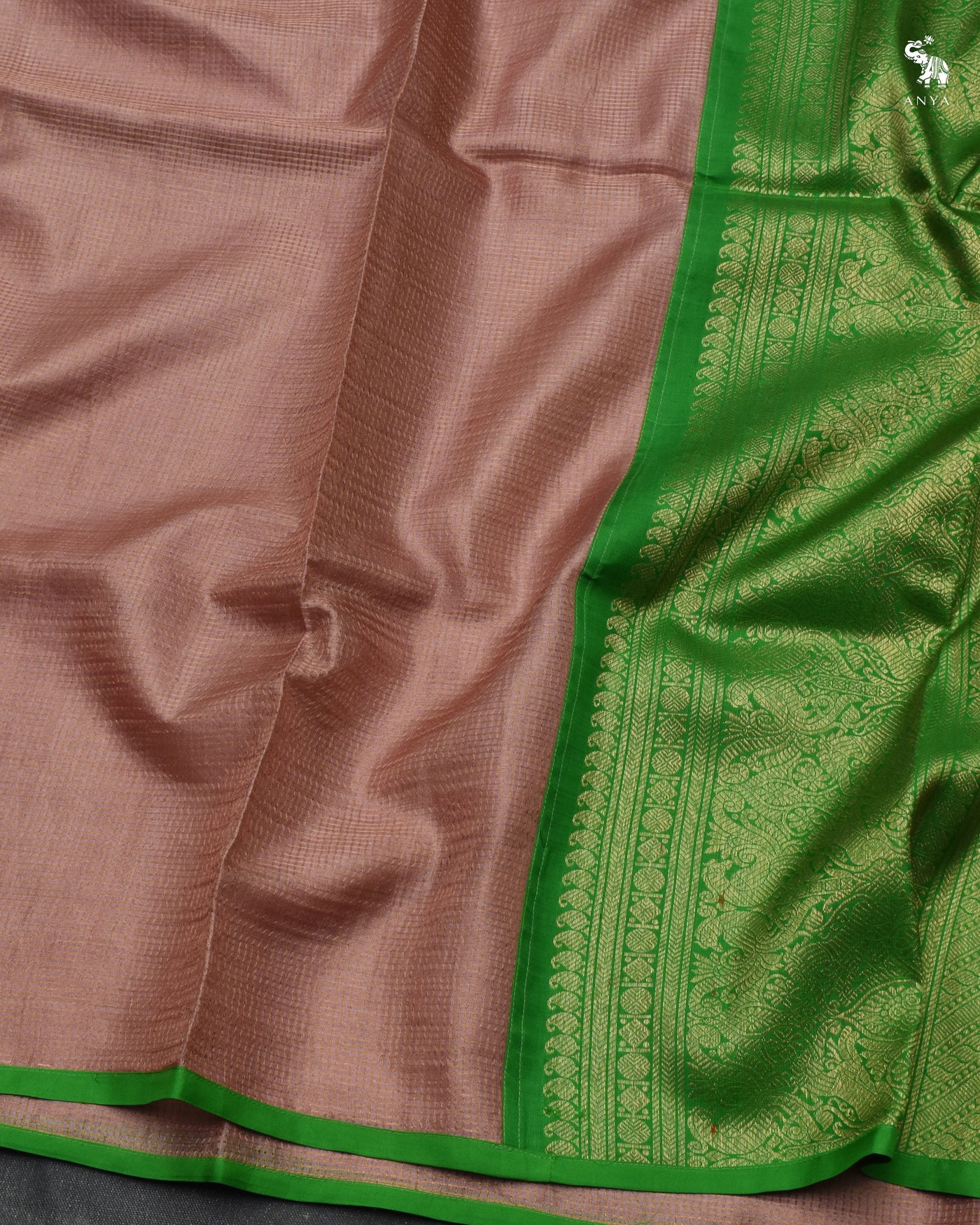 Onion Pink Zari Checks Tussar Silk Saree with Alli Green Kanchi Silk Pallu and Blouse