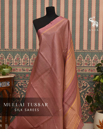 Onion Pink Tussar Silk Saree with Thread Checks Design