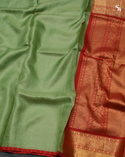 Apple Green Zari Checks Tussar Silk Saree with Arakku Thakkali Kanchi Silk Pallu and Blouse