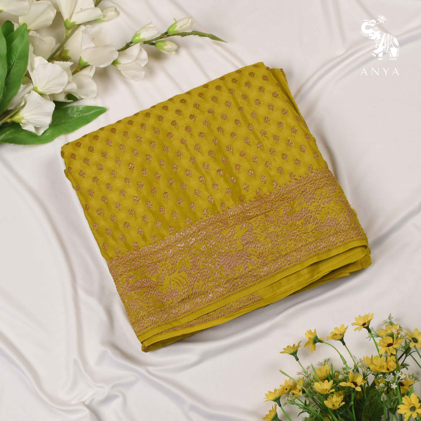 Arakku Mustard Crepe Banarasi Silk Saree with Small Zari Butta Design