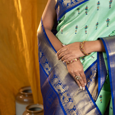 Pista Green Madhubani Kanchi Silk Saree