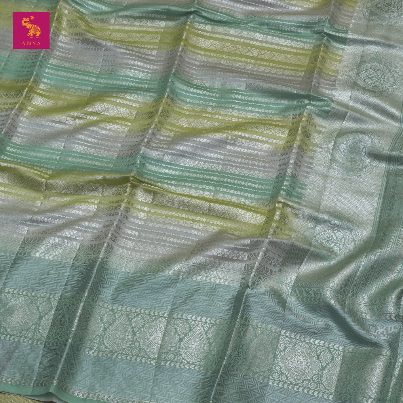 Mint Green Banaras Chanderi Silk Saree with Horizontal Stripes Design