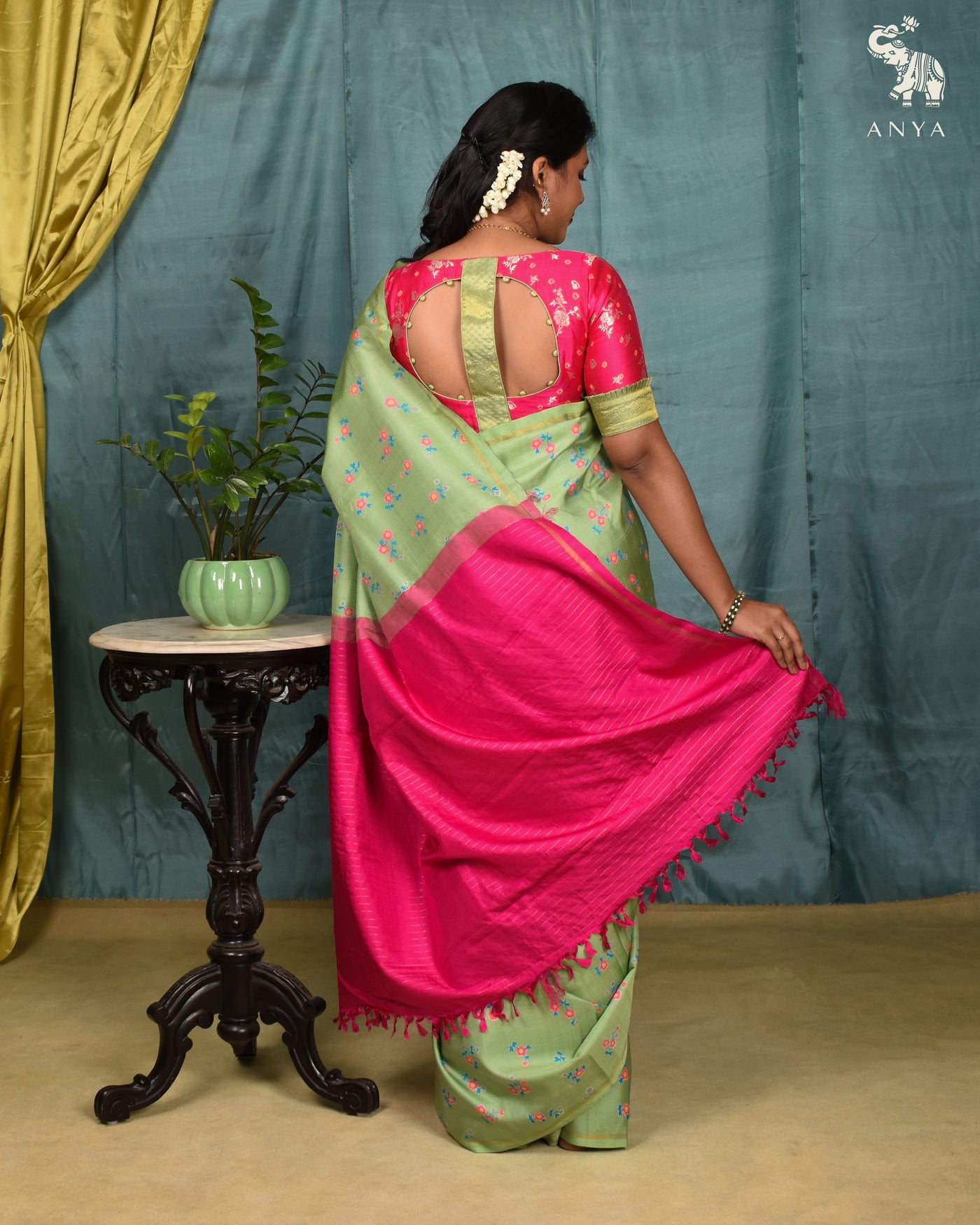 Apple Green Printed Kanchi Silk Saree with Floral Print Design