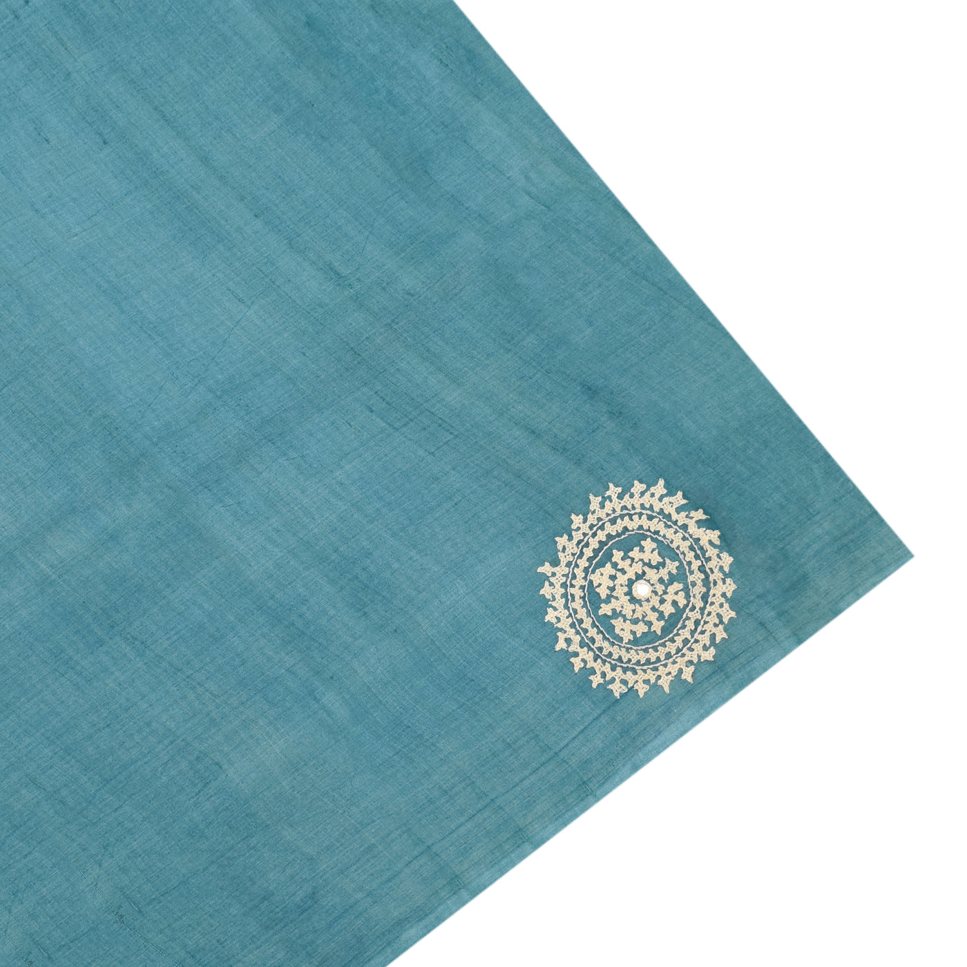 Blue and Off White Tussar Silk Saree with Stripes and Kutch Work Design