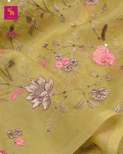 Lemon Yellow Organza Fabric with Floral Embroidery Sequins Design