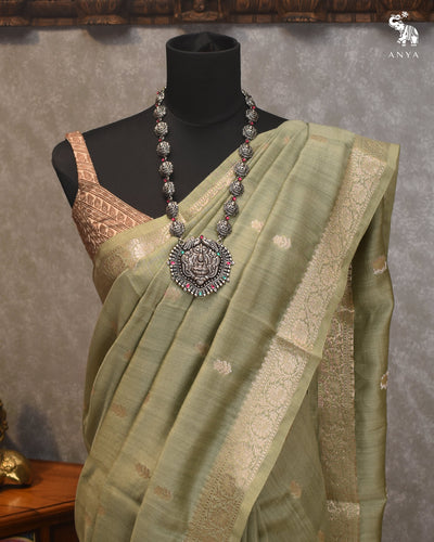 Apple Green Tussar Moonga Saree with Zari Butta Design