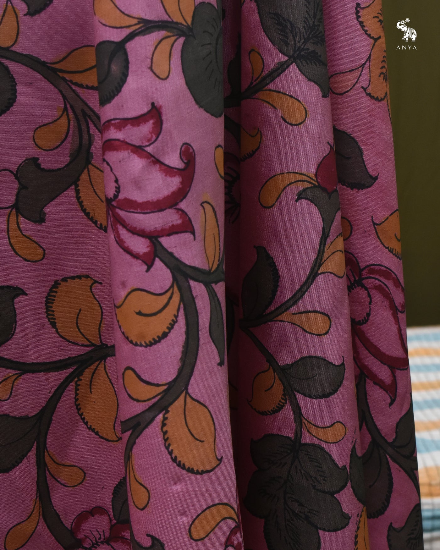 Onion Pink Pen Kalamkari Kanchi Silk Fabric