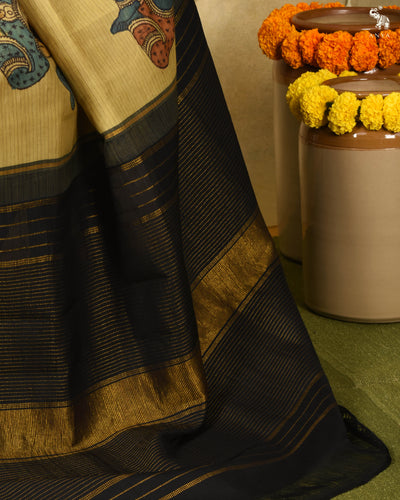 Chutney Green Pen Kalamkari Kanchi Silk Saree with Ganesh Art and Lines Design