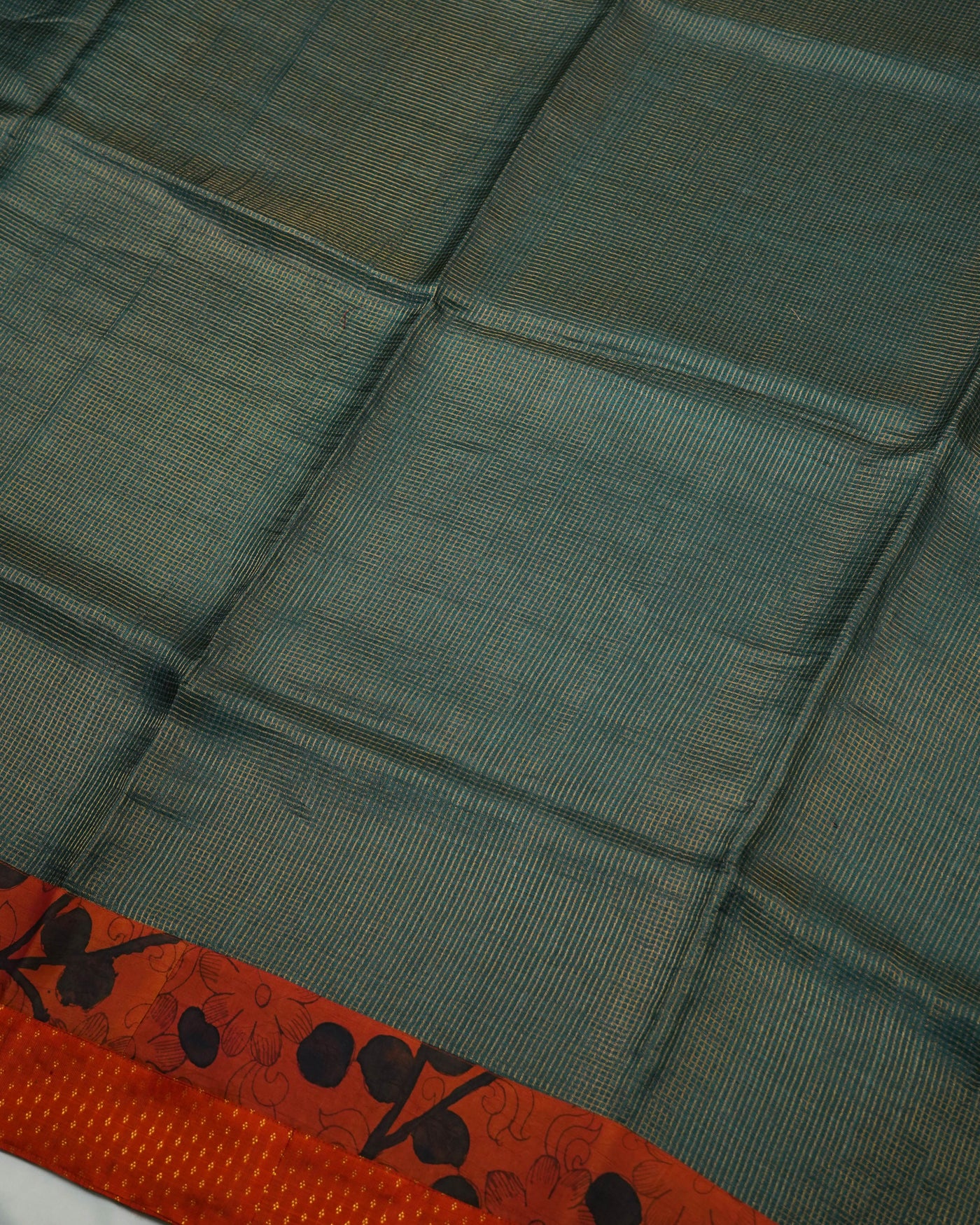 Peacock Green Zari Checks Tussar Silk Saree with Rust Pen Kalamkari Kanchi Border