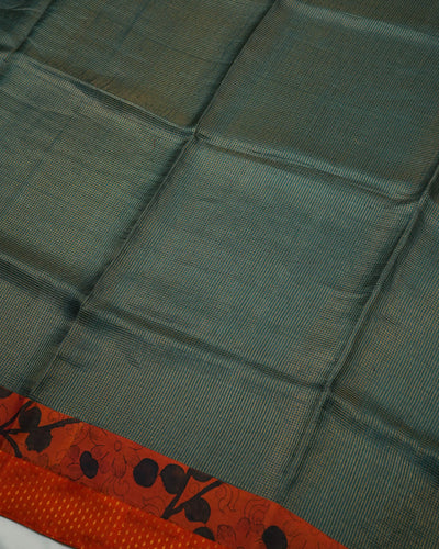 Peacock Green Zari Checks Tussar Silk Saree with Rust Pen Kalamkari Kanchi Border