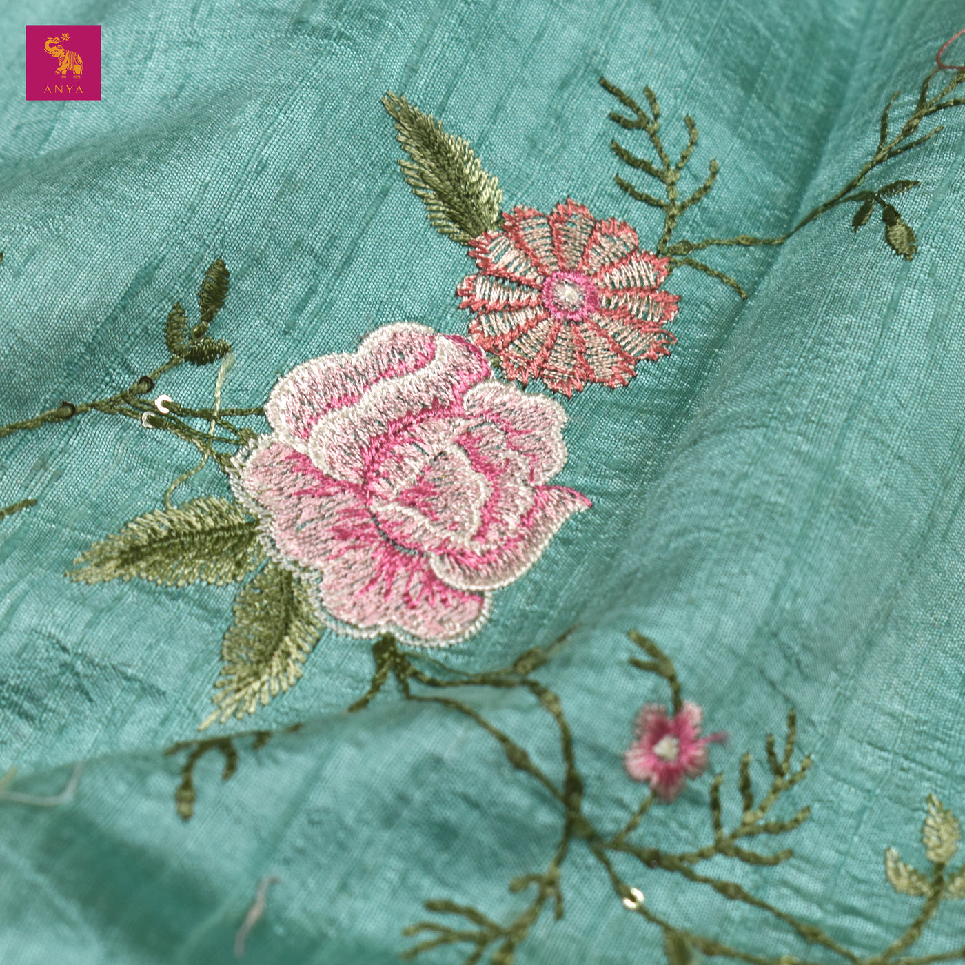 Rexona Green Tussar Raw Silk Fabric with Floral Creeper Embroidery Design