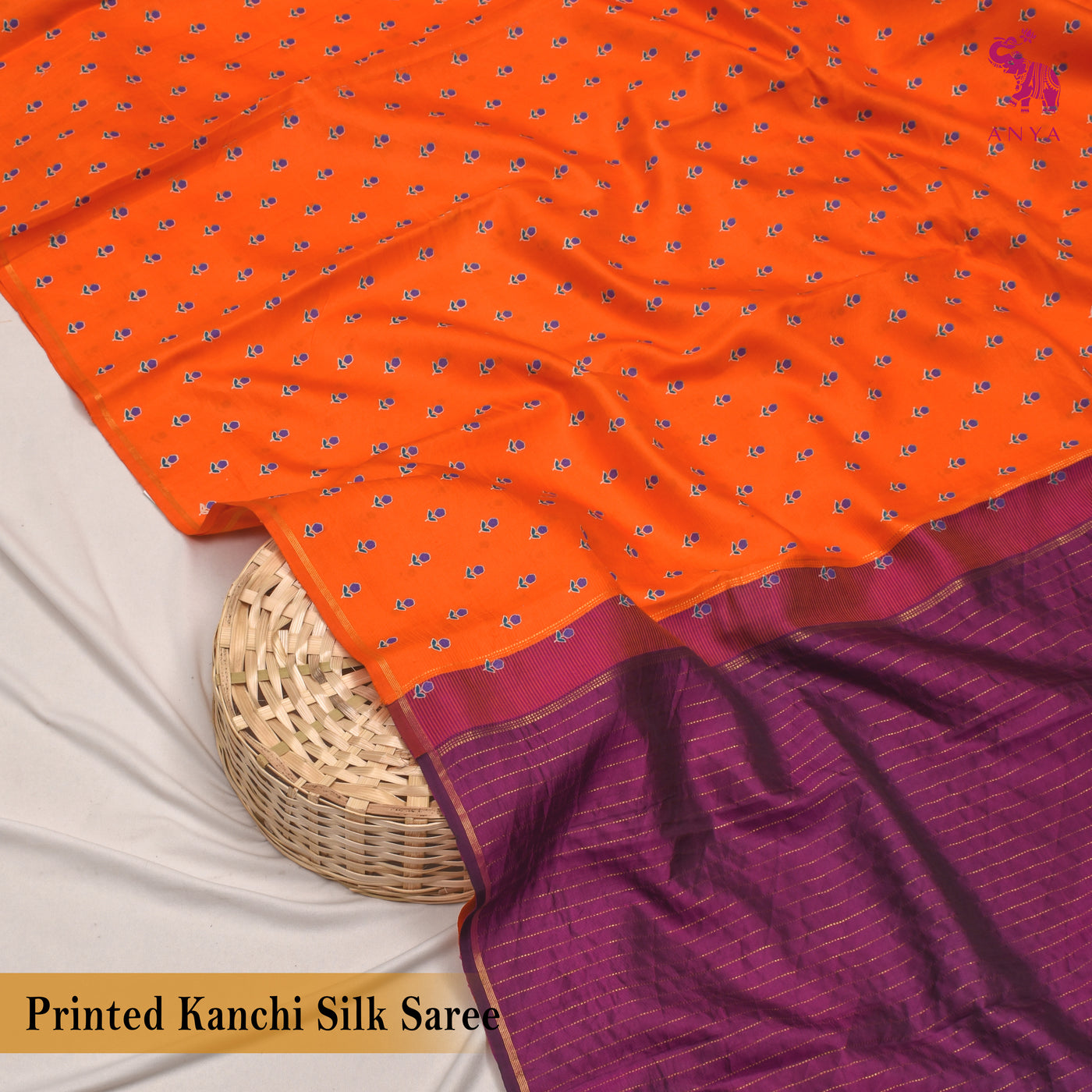 Orange Printed Kanchi Silk Saree with Small Flower Print Design