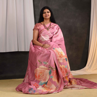 Onion Pink Chanderi Saree with Kantha Work Design