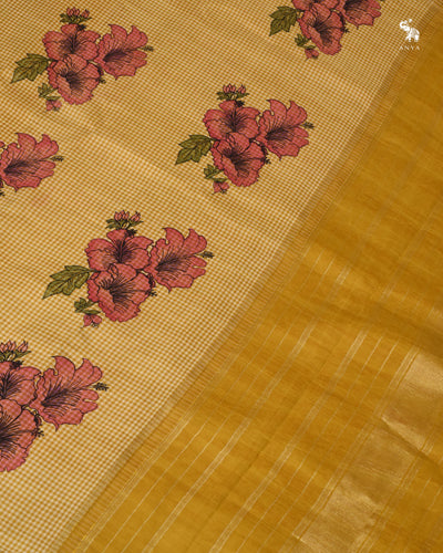 Off White and Mustard Pen Kalamkari Kanchi Silk Saree