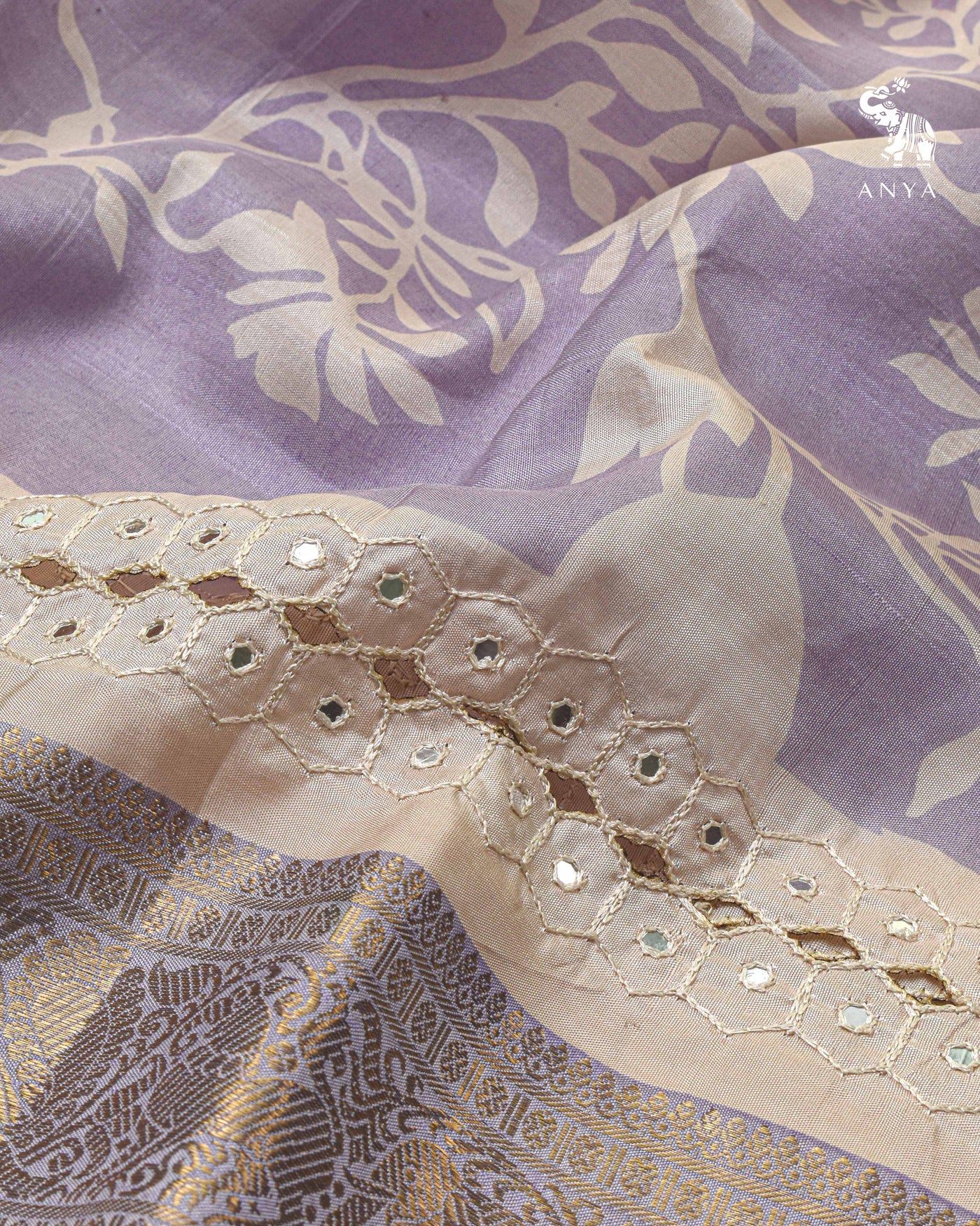 Lavender Printed Kanchi Silk Saree with Cut Work Design