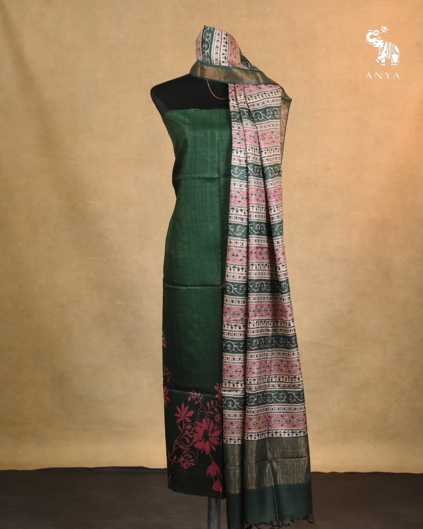 Bottle Green Unstitched Tussar Salwar Set