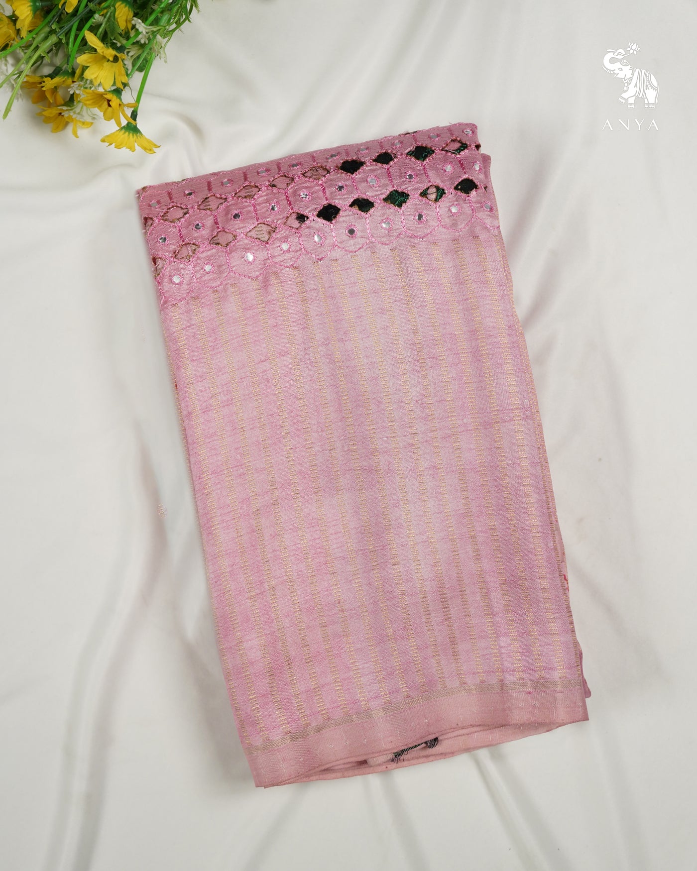 Baby Pink Printed Kanchi Silk Saree with Box Cut and Kutch Work Design