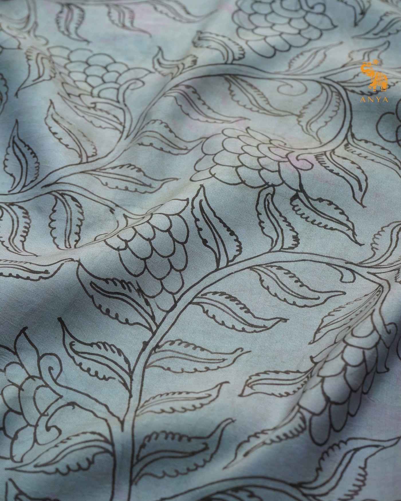 Grey Pen Kalamkari Kanchi Silk Saree with Creeper Design
