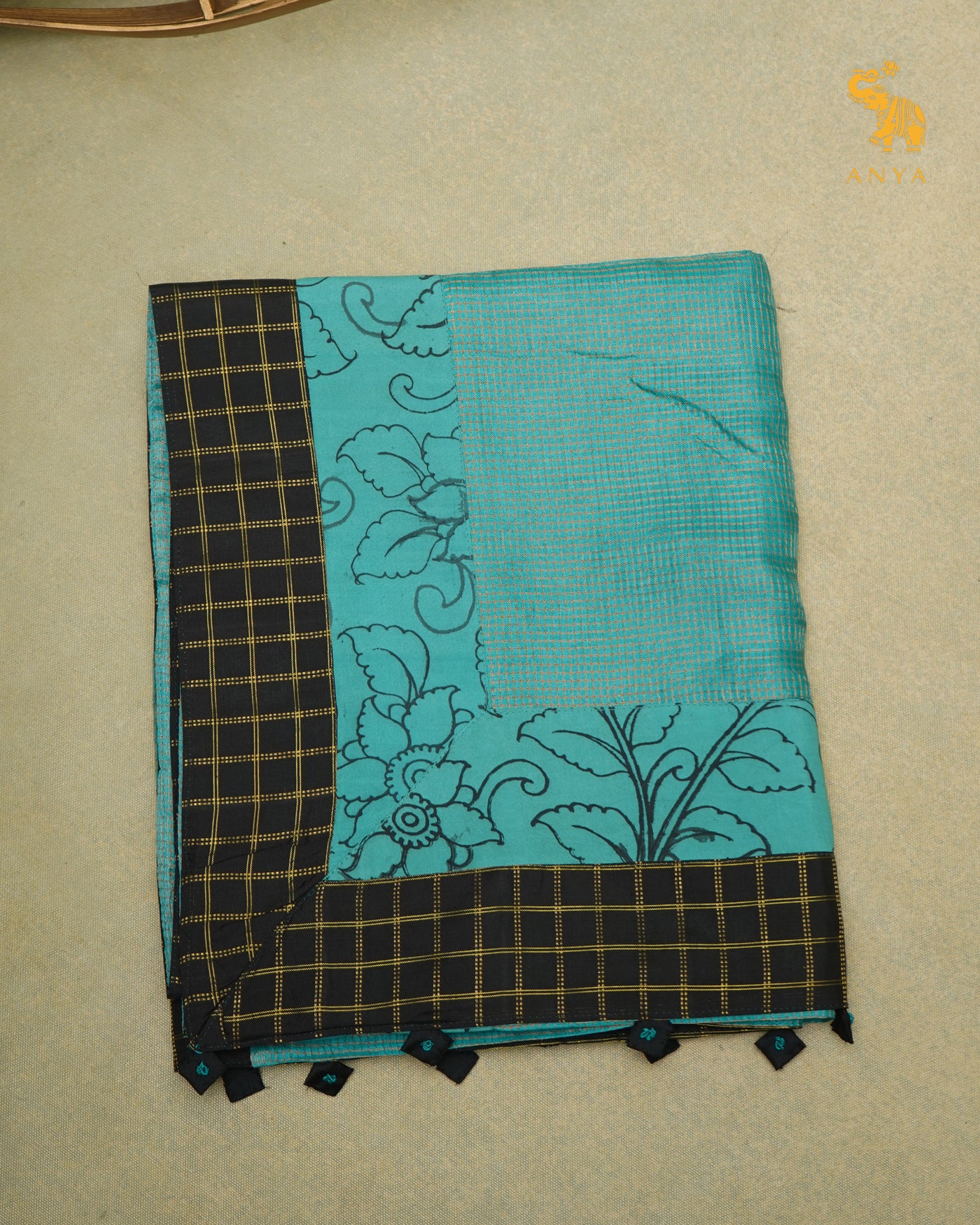 Anandha Blue Zari Checks Tussar Silk Saree with Blue Pen Kalamkari Kanchi Border