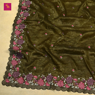 Olive Green Fancy Tissue Saree with Small Flower Embroidery Design