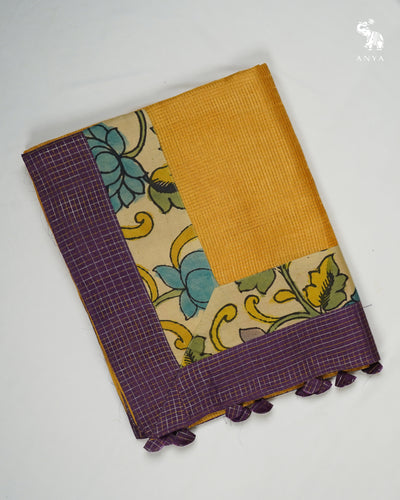 Oil Mustard Zari Checks Tussar Silk Saree with Off White Pen Kalamkari Kanchi Border