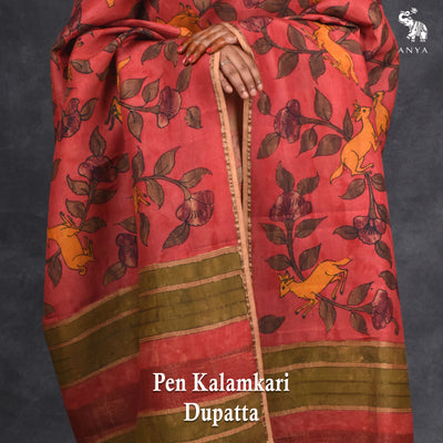 Peach Pen Kalamkari Kanchi Silk Dupatta with Green and Peach Seer Border Design