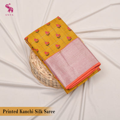 Oil Mustard Printed Kanchi Silk Saree with Small Zari Kattam and Floral Print Design