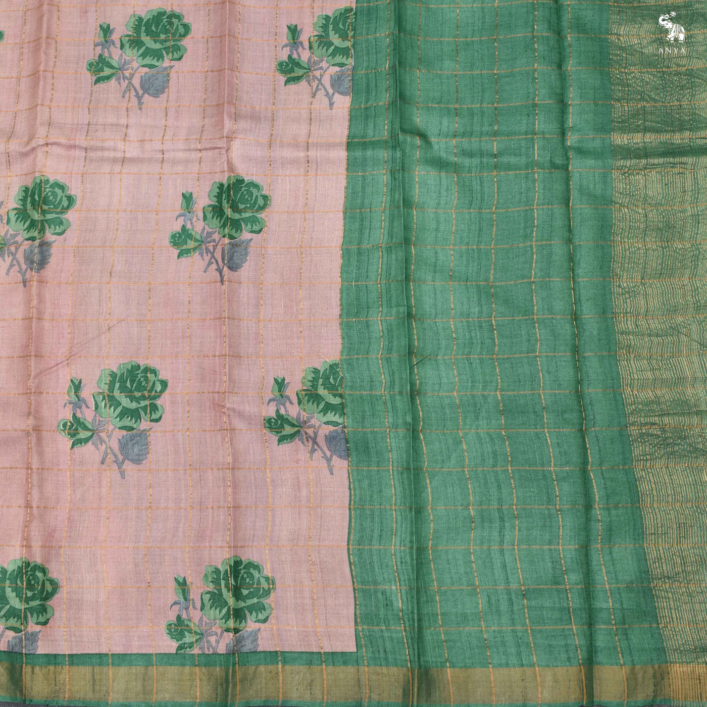 Onion Pink Tussar Silk Saree with Floral Print and Zari Kattam Design