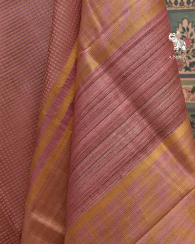 Onion Pink Tussar Silk Saree with Thread Checks Design