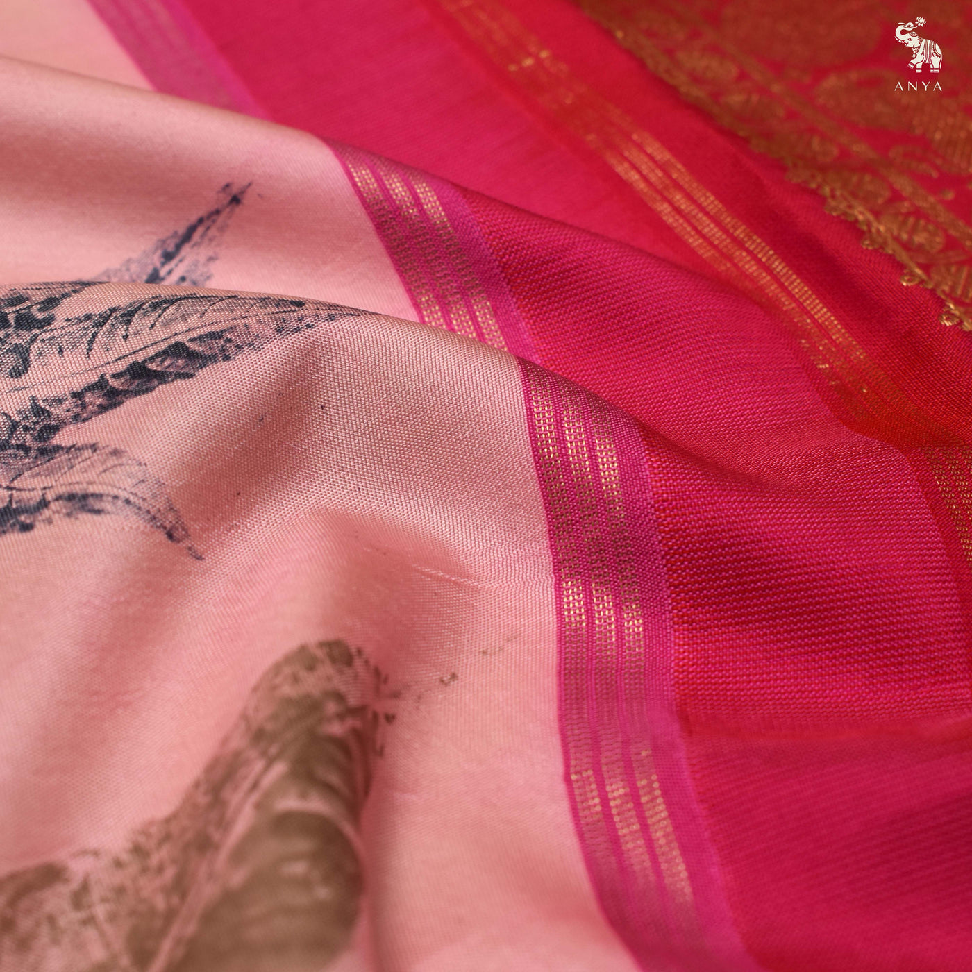 Baby Pink Eco Print Kanchi Silk Saree
