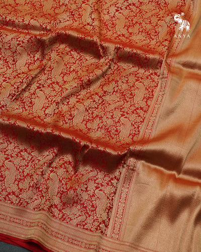 Red Banarasi Silk Saree with Peacock Zari Creeper Design