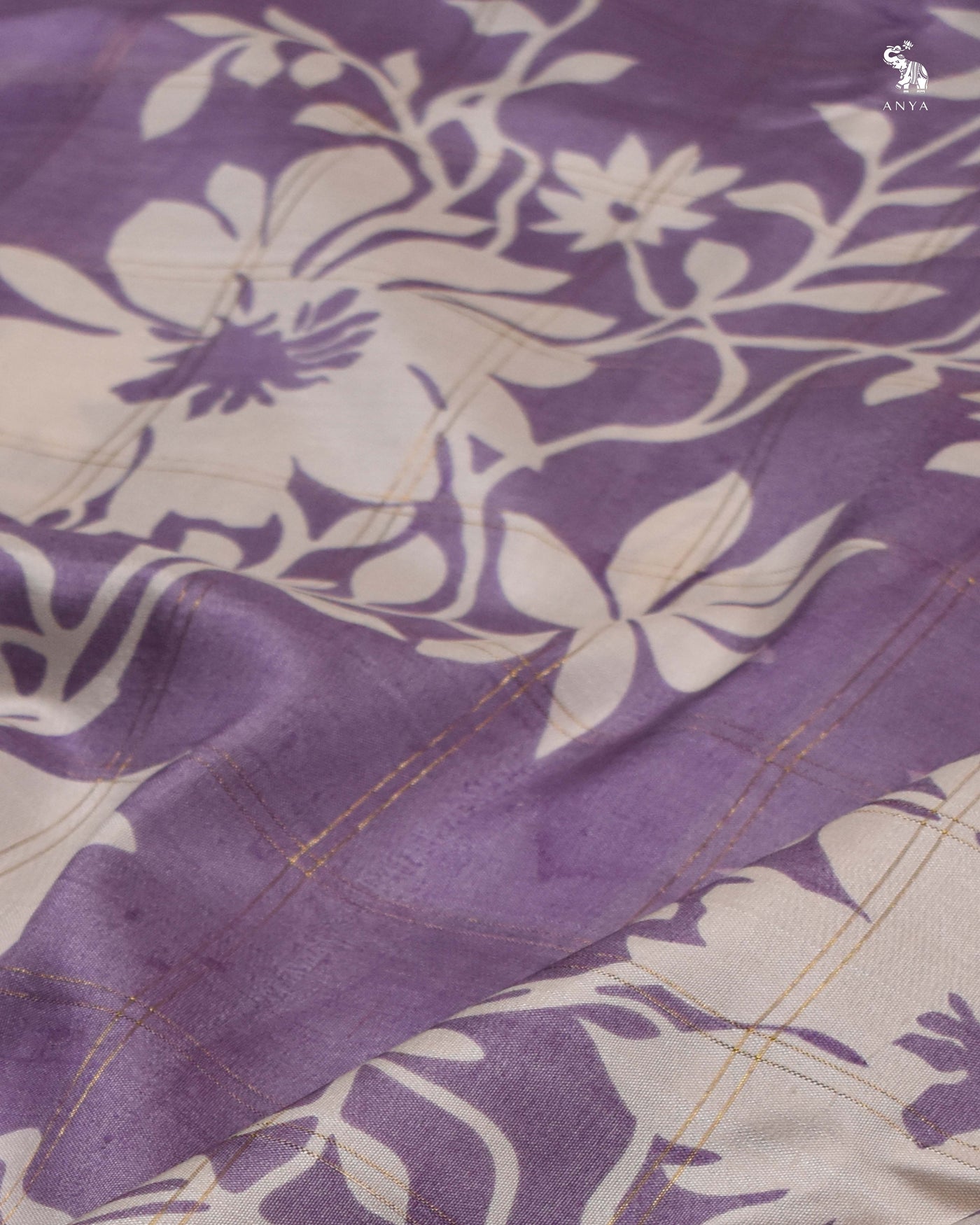 Lilac Printed Kanchi Silk Saree with Floral Print Zari Kattam Design
